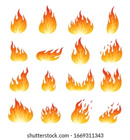 Burning fire vector illustration. Collection of blazing flames isolated on white background. Bundle of symbols of heat, passion, danger, power and energy.