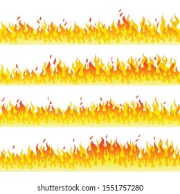 Burning fire walls flat vector horizontal seamless pattern. Decorative flaming border design elements pack. Fiery blaze pack isolated on white background. Red hot inferno, dangerous wildfire