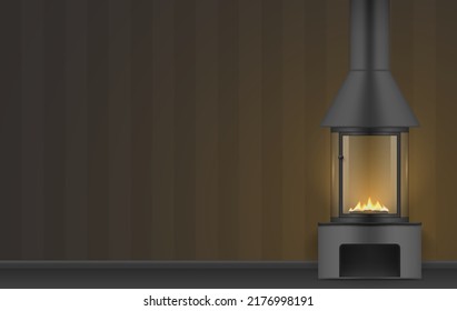 Burning fireplace black metallic pipe transparent glass door cozy home interior realistic vector illustration. Empty room indoor modern style chimney bonfire blaze for warming relaxing and cosiness