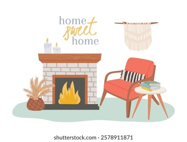 Burning fireplace with candles. Macrame wall hanging. Cozy armchair with pillow and books. And dry plants in a wicker basket create a warm and inviting atmosphere in a Scandinavian style living room