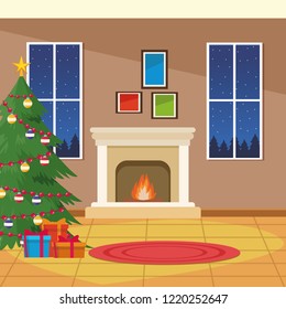 burning fireplace with christmas tree