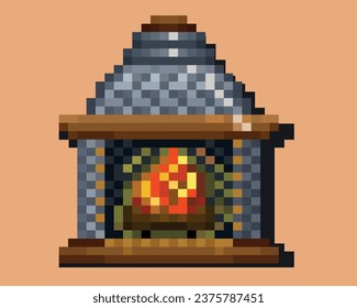 Burning fireplace pixel art format, Vectorized fireplace pixel art.