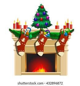 Burning fireplace. Sketch Christmas card or poster. Vector.