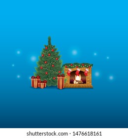 burning fireplace with socks, christmas tree with gifts