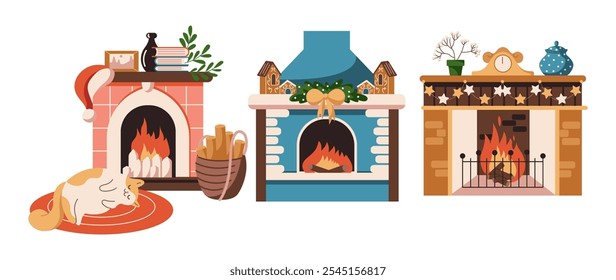 Burning fireplaces with Christmas decorations flat color vector objects set. Cute cat on rug enjoys home warmth illustrations bundle on white