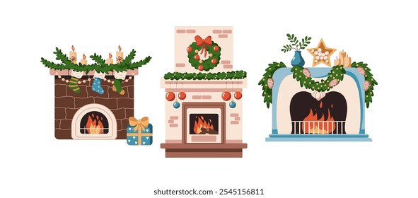 Burning fireplaces with Christmas ornaments flat color vector objects set. Happy winter holidays atmosphere at home illustrations bundle on white background