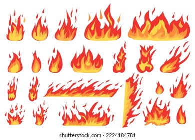 Burning fires set in cartoon design. Bundle of different types of flame effects in red and orange colors, flaming fireballs, wildfire border, bonfire other isolated flat elements. Vector illustration