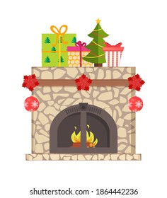 Burning firewood in fireplace decorated with leaves and balls, colorful gift boxes with pattern wrapped ribbon, Christmas tree adorned with chaplet vector