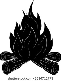 Burning firewood. Flaming wooden logs. Symbol of comfort, warmth, nature and outdoor recreation. Campfire fire.