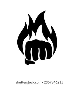 Burning fist black icon. Silhouette of fire and fist. Vector illustration flat design. Isolated on white background.