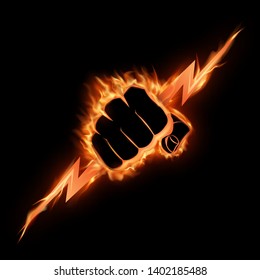 A burning fist squeezes a lightning bolt.The vector illustration symbolizing force, the power. A logo, a sign for the power companies, fight club. Design element. Vector illustration.