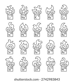 Burning flame element in outline line art featuring lithium sodium potassium rubidium cesium indium lead barium calcium radium strontium copper iron