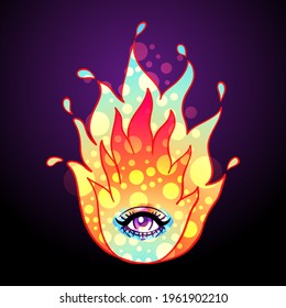 Burning Flame with an eye. All seeing eye with fire, symbol of the Masons, fire and gold logo, spiritual guidance tarot reader design. engraving, decorative illustration tattoo.