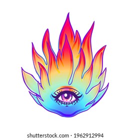 Burning Flame with an eye. All seeing eye with fire, symbol of the Masons, fire and gold logo, spiritual guidance tarot reader design. engraving, decorative illustration tattoo.