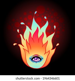 Burning Flame with an eye. All seeing eye with fire, symbol of the Masons, fire and gold logo, spiritual guidance tarot reader design. engraving, decorative illustration tattoo.