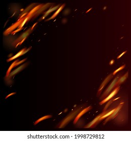 El Fuego De La Llama Fiery Desvela El Fondo. Fuego Aislado, Parques Amarillos Rojos Naranja, Humo. Golpes de oro calientes. Noche brillante, estrellas de oro. Realista Iluminación Energética. Imagen de fuego realista en negro.