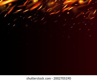 Burning Flame Fiery Sparkles Background. Hot Blazing Glow Flashes. Isolated Fire, Yellow Red Orange Sparks, Smoke. Bright Night, Glitter Gold. Realistic Energy Glow. Realistic Fire Image on Black.