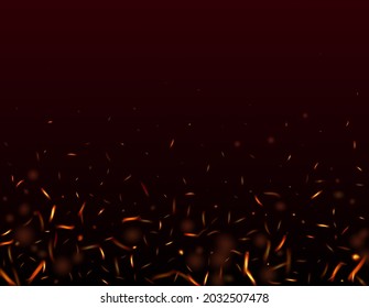 Burning Flame Fiery Sparkles Background. Realistic Energy Gleam. Hot Blazing Gold Flashes. Bright Night, Stars Glitter. Realistic Fire Effect on Black. Isolated Fire, Orange Yellow Red Sparks, Smoke.