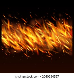 Burning Flame Fiery Sparkles Background. Realistic Energy Glow. Isolated Fire, Yellow Orange Red Sparks, Smoke. Bright Night, Glitter Stars. Hot Blazing Gold Flashes. Realistic Fire Effect on Black.