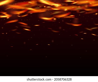 Burning Flame Fiery Sparkles Background. Bright Night, Stars Gold. Realistic Fire Image on Black. Isolated Fire, Yellow Orange Red Sparks, Smoke. Realistic Energy Gleam. Hot Blazing Glow Flashes.