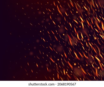 Burning Flame Fiery Sparkles Background. Isolated Fire, Red Yellow Orange Sparks, Smoke. Bright Night, Gold Glitter. Realistic Fire Image on Black. Realistic Energy Glow. Hot Blazing Flake Flashes.