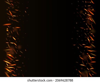 Burning Flame Fiery Sparkles Background. Hot Blazing Flake Flashes. Realistic Fire Effect on Black. Isolated Fire, Red Orange Yellow Sparks, Smoke. Realistic Energy Gleam. Bright Night, Glitter Stars.