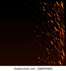 Burning Flame Fiery Sparkles Background. Bright Night, Glitter Gold. Realistic Fire Effect on Black. Hot Blazing Glow Flashes. Realistic Energy Glow. Isolated Fire, Orange Red Yellow Sparks, Smoke.