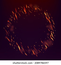 Burning Flame Fiery Sparkles Background. Realistic Fire Effect on Black. Realistic Energy Glow. Isolated Fire, Yellow Red Orange Sparks, Smoke. Bright Night, Glitter Gold. Hot Blazing Gold Flashes.