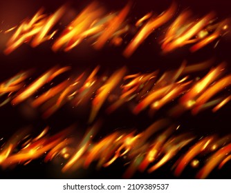 Burning Flame Fiery Sparkles Background. Realistic Energy Gleam. Isolated Fire, Red Orange Yellow Sparks, Smoke. Realistic Fire Image on Black. Bright Night, Glitter Stars. Hot Blazing Flake Flashes.