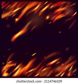 Burning Flame Fiery Sparkles Background. Hot Blazing Glow Flashes. Realistic Fire Image on Black. Isolated Fire, Orange Red Yellow Sparks, Smoke. Realistic Energy Glow. Bright Night, Glitter Gold.