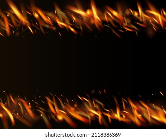 Burning Flame Fiery Sparkles Background. Bright Night, Glitter Stars. Realistic Energy Glow. Realistic Fire Image on Black. Hot Blazing Gold Flashes. Isolated Fire, Yellow Orange Red Sparks, Smoke.