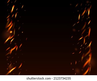 El Fuego De La Llama Fiery Desvela El Fondo. Efecto de fuego realista en negro. Flashes Flake Calientes. Noche brillante, oro brillante. Realista Iluminación Energética. Fuego Aislado, Parques Amarillos Rojos, Humo.