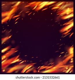 El Fuego De La Llama Fiery Desvela El Fondo. Imagen de fuego realista en negro. Flashes Flake Calientes. Realista Iluminación Energética. Fuego Aislado, Parques Amarillos Rojos, Humo. Noche brillante, Estrellas brillantes.