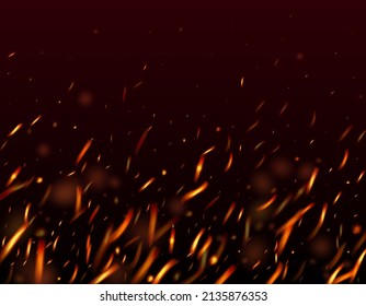 Burning Flame Fiery Sparkles Background. Bright Night, Gold Stars. Realistic Fire Effect on Black. Isolated Fire, Orange Yellow Red Sparks, Smoke. Realistic Energy Gleam. Hot Blazing Flake Flashes.