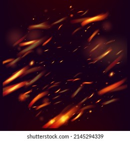 Burning Flame Fiery Sparkles Background. Realistic Energy Glow. Realistic Fire Image on Black. Isolated Fire, Red Orange Yellow Sparks, Smoke. Bright Night, Stars Gold. Hot Blazing Gold Flashes.