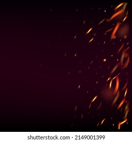 Burning Flame Fiery Sparkles Background. Hot Blazing Glow Flashes. Realistic Energy Glow. Bright Night, Gold Glitter. Realistic Fire Image on Black. Isolated Fire, Yellow Red Orange Sparks, Smoke.