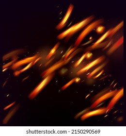 Burning Flame Fiery Sparkles Background. Hot Blazing Flake Flashes. Bright Night, Stars Glitter. Isolated Fire, Yellow Red Orange Sparks, Smoke. Realistic Energy Gleam. Realistic Fire Image on Black.