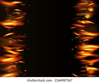 El Fuego De La Llama Fiery Desvela El Fondo. Golpes Calientes. Noche brillante, estrellas de oro. Imagen de fuego realista en negro. Realista Iluminación Energética. Fuego Aislado, Parques Naranja Rojo Y Humo.