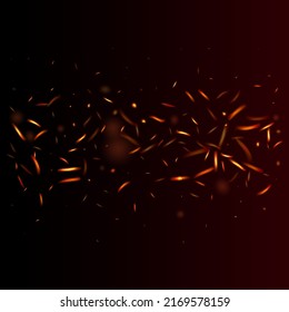 Burning Flame Fiery Sparkles Background. Isolated Fire, Orange Yellow Red Sparks, Smoke. Hot Blazing Flake Flashes. Realistic Fire Image on Black. Realistic Energy Gleam. Bright Night, Stars Gold.