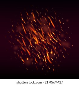 Burning Flame Fiery Sparkles Background. Isolated Fire, Yellow Red Orange Sparks, Smoke. Realistic Energy Glow. Hot Blazing Glow Flashes. Realistic Fire Image on Black. Bright Night, Glitter Stars.