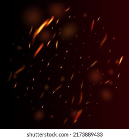 Burning Flame Fiery Sparkles Background. Isolated Fire, Orange Yellow Red Sparks, Smoke. Hot Blazing Glow Flashes. Realistic Energy Glow. Realistic Fire Effect on Black. Bright Night, Glitter Stars.