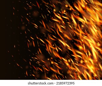 Burning Flame Fiery Sparkles Background. Bright Night, Stars Glitter. Realistic Fire Effect on Black. Isolated Fire, Orange Yellow Red Sparks, Smoke. Hot Blazing Gold Flashes. Realistic Energy Glow.