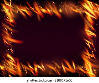 Burning Flame Fiery Sparkles Background. Bright Night, Glitter Gold. Hot Blazing Glow Flashes. Realistic Fire Effect on Black. Isolated Fire, Yellow Orange Red Sparks, Smoke. Realistic Energy Glow.