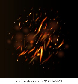 Burning Flame Fiery Sparkles Background. Bright Night, Gold Glitter. Realistic Fire Effect on Black. Realistic Energy Gleam. Hot Blazing Gold Flashes. Isolated Fire, Red Orange Yellow Sparks, Smoke.