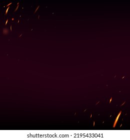 Burning Flame Fiery Sparkles Background. Isolated Fire, Orange Red Yellow Sparks, Smoke. Hot Blazing Gold Flashes. Realistic Fire Image on Black. Realistic Energy Gleam. Bright Night, Glitter Gold.