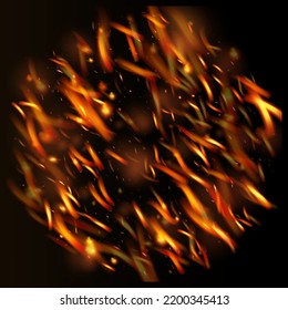 Burning Flame Fiery Sparkles Background. Hot Blazing Gold Flashes. Isolated Fire, Red Yellow Orange Sparks, Smoke. Realistic Energy Gleam. Bright Night, Stars Glitter. Realistic Fire Effect on Black.