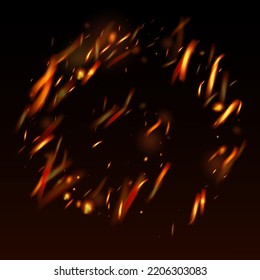 Burning Flame Fiery Sparkles Background. Hot Blazing Gold Flashes. Isolated Fire, Yellow Orange Red Sparks, Smoke. Bright Night, Gold Stars. Realistic Energy Glow. Realistic Fire Image on Black.