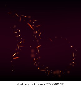 Brennende Flamme, floraler Hintergrund. Helle Nacht, Glitter Stars. Einziger Feuer, orangefarbene gelbe Funken, Rauch. Realistisches Feuerbild auf Schwarz. Hot Blazing Gold Blitze. Realistisches Energiefleck.