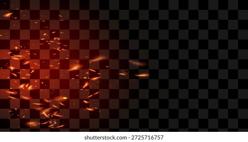 Brennende Flamme, feuriger funkelnder Hintergrund. Einzelfeuer, rot-gelbe orangene Funken, Rauch. Realistisches Energieleuchten. Heiß lodernd blinkt. Realistisches Feuerbild auf Schwarz.