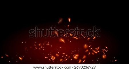 Burning Flame Fiery Sparkles Background. Isolated Fire, Red Yellow Orange Sparks, Smoke. Realistic Energy Glow. Hot Blazing Glow Flashes. Realistic Fire Image on Black.